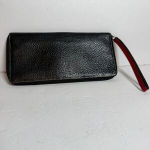 Tusk Black Pebbled Leather Zip Around Wallet Wristlet Red Interior Large